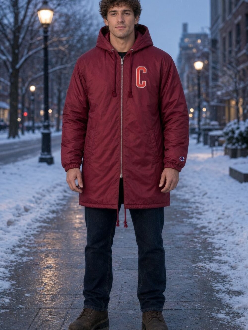 Champion Men Red Hooded Lightweight Puffer Down Winter Jacket Coat US XS